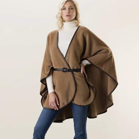 NEW Sofia Cashmere Arequipa Alpaca Cape OS Camel Baby Alpaca Wool Leather Trim - Picture 5 of 12